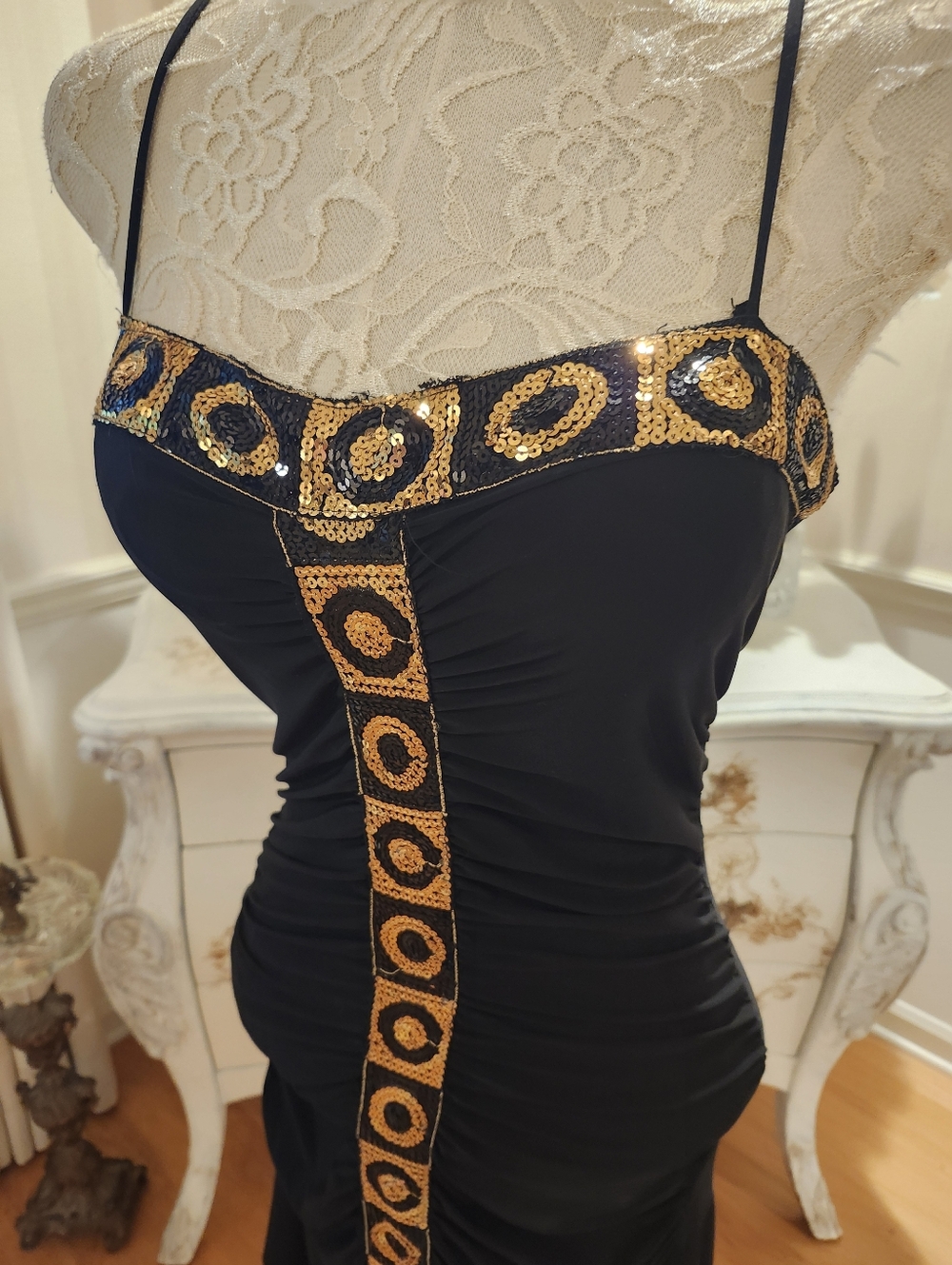 Vintage Deco Black & Gold Sequin Stage Diva Dance Dress S - Picture 2 of 8